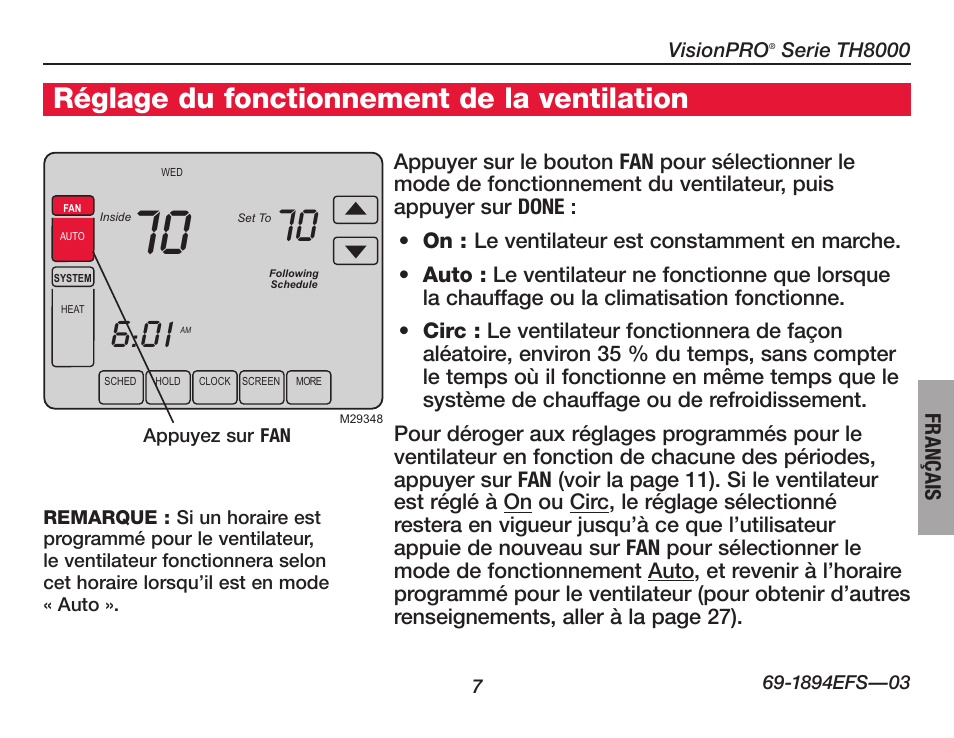 À propos du thermostat, Réglage du fonctionnement de la ventilation | Honeywell VisionPRO  TH8000 Series User Manual | Page 41 / 96