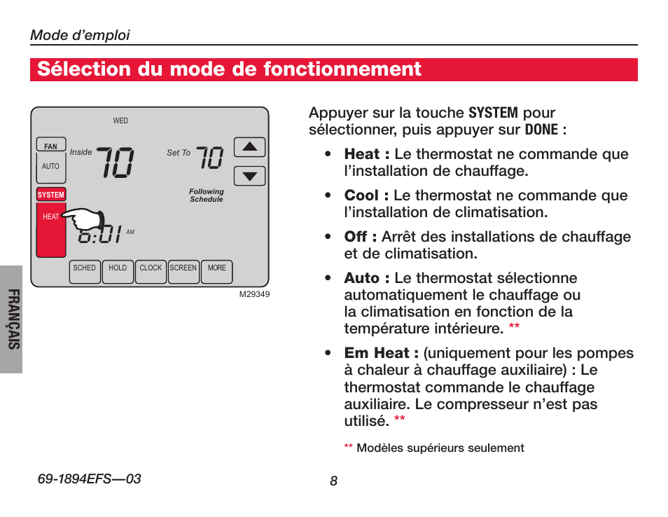 À propos du thermostat, Sélection du mode de fonctionnement | Honeywell VisionPRO  TH8000 Series User Manual | Page 42 / 96