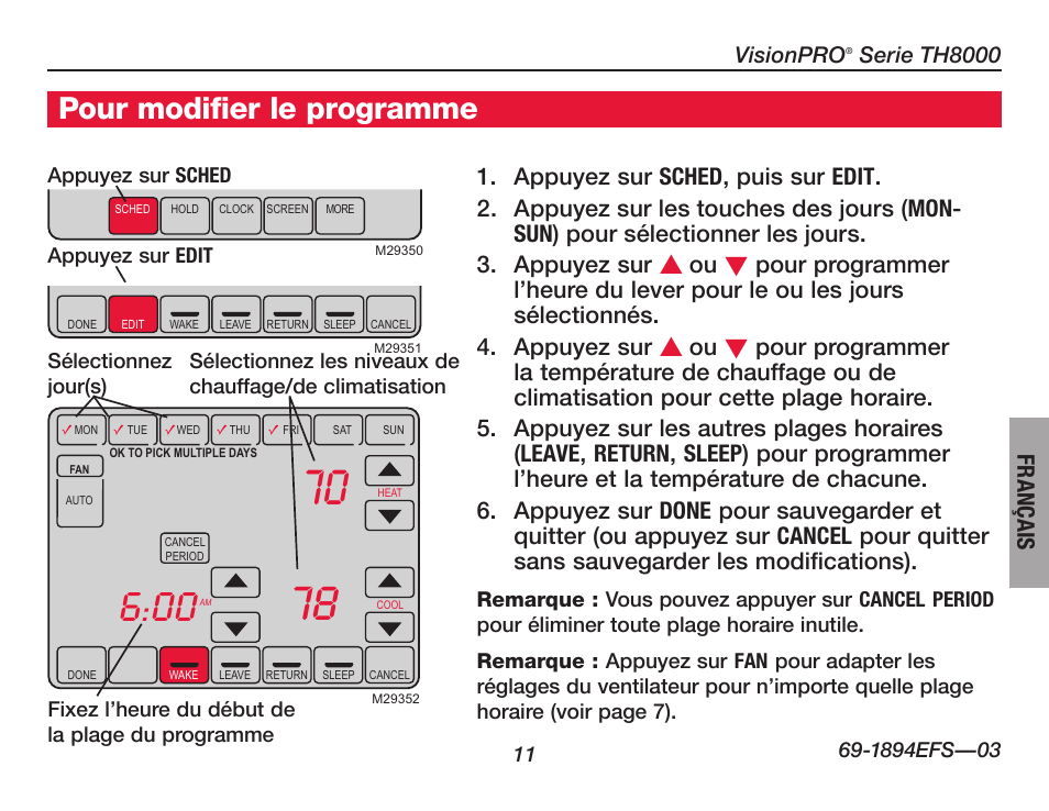 Pour modifier le programme, Français | Honeywell VisionPRO  TH8000 Series User Manual | Page 45 / 96