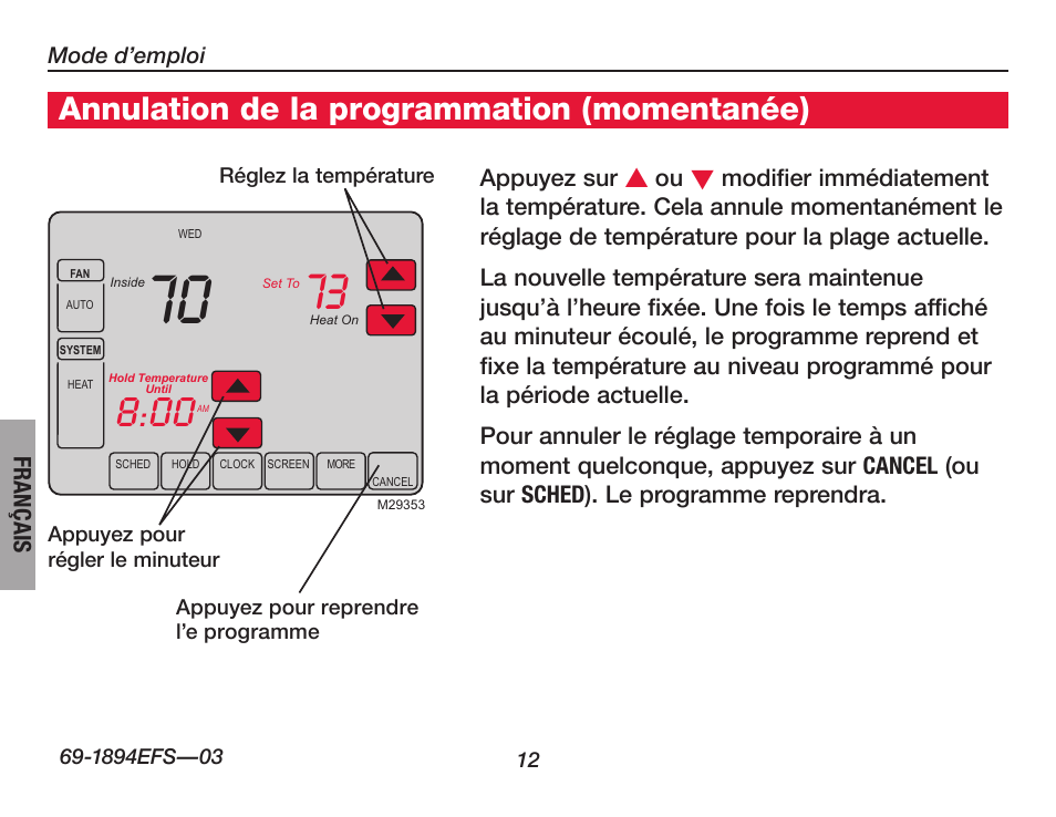 Annulation de la programmation (momentanée) | Honeywell VisionPRO  TH8000 Series User Manual | Page 46 / 96