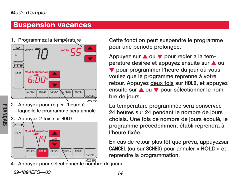 Suspension vacances | Honeywell VisionPRO  TH8000 Series User Manual | Page 48 / 96