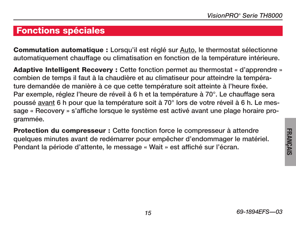 Fonctions spéciales | Honeywell VisionPRO  TH8000 Series User Manual | Page 49 / 96