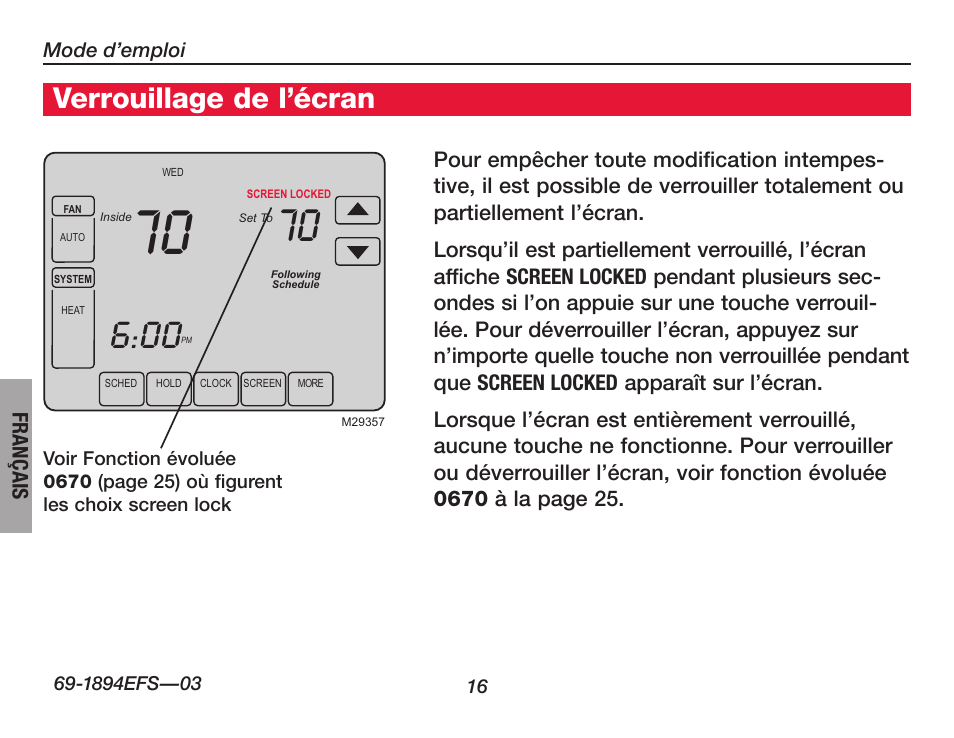 Verrouillage de l’écran | Honeywell VisionPRO  TH8000 Series User Manual | Page 50 / 96