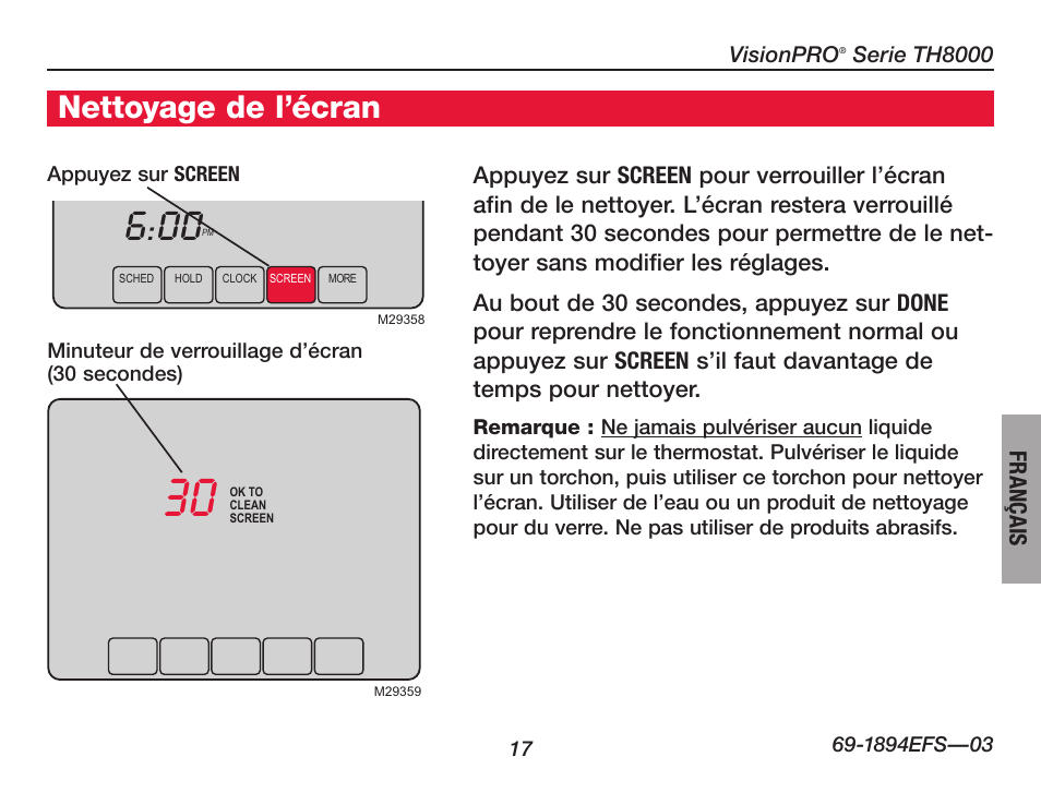 Nettoyage de l’écran | Honeywell VisionPRO  TH8000 Series User Manual | Page 51 / 96