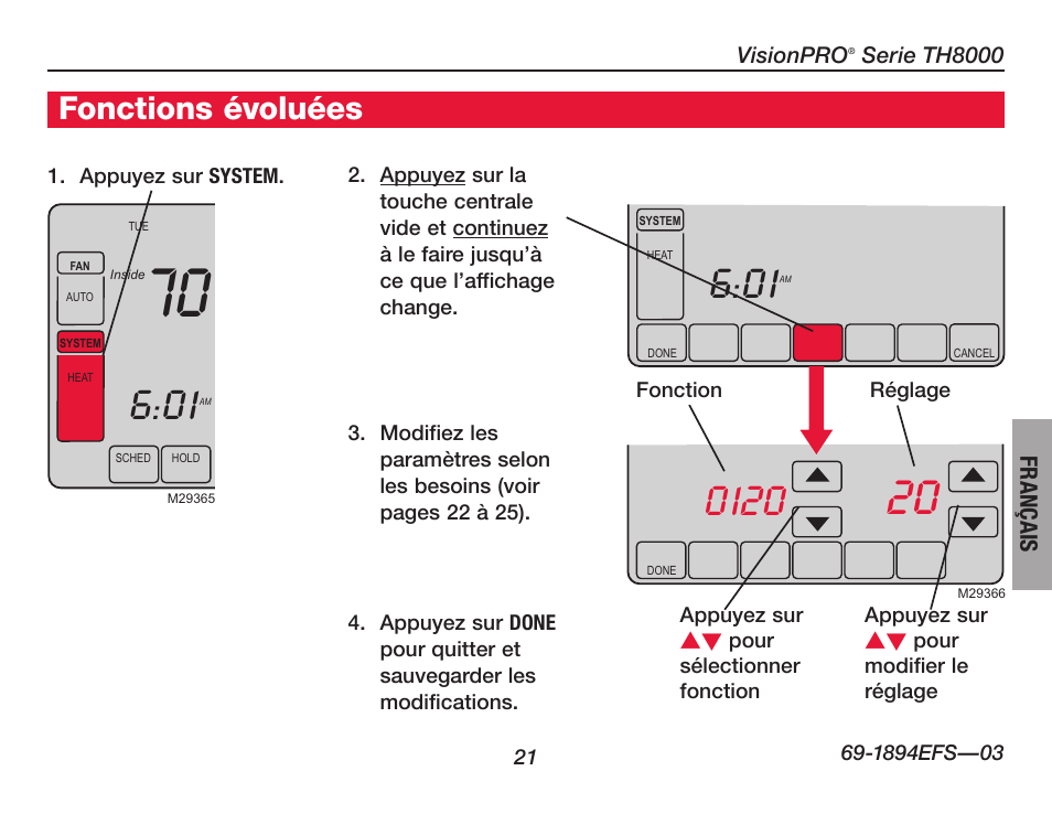 À propos du thermostat, Fonctions évoluées | Honeywell VisionPRO  TH8000 Series User Manual | Page 55 / 96