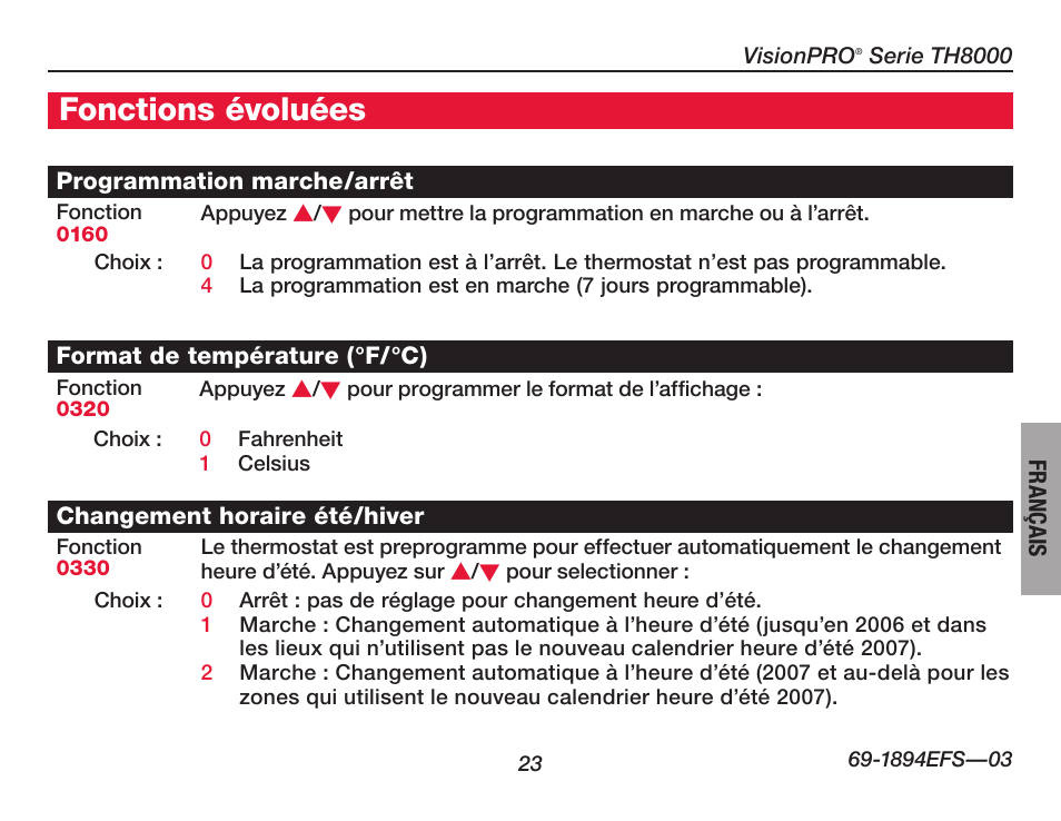 À propos du thermostat, Fonctions évoluées | Honeywell VisionPRO  TH8000 Series User Manual | Page 57 / 96
