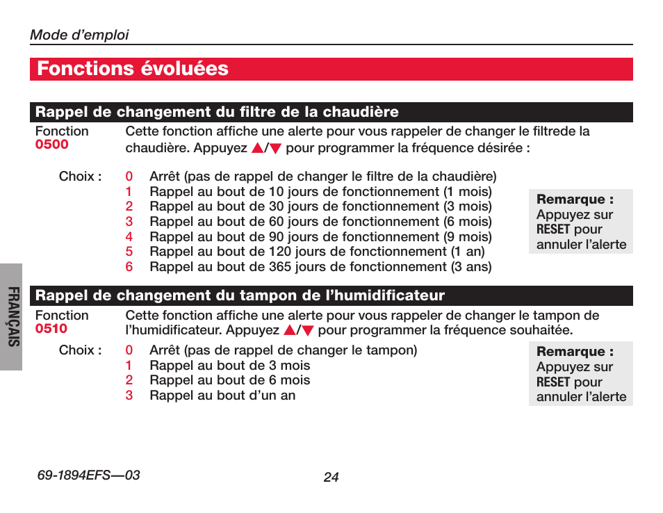 À propos du thermostat, Fonctions évoluées | Honeywell VisionPRO  TH8000 Series User Manual | Page 58 / 96