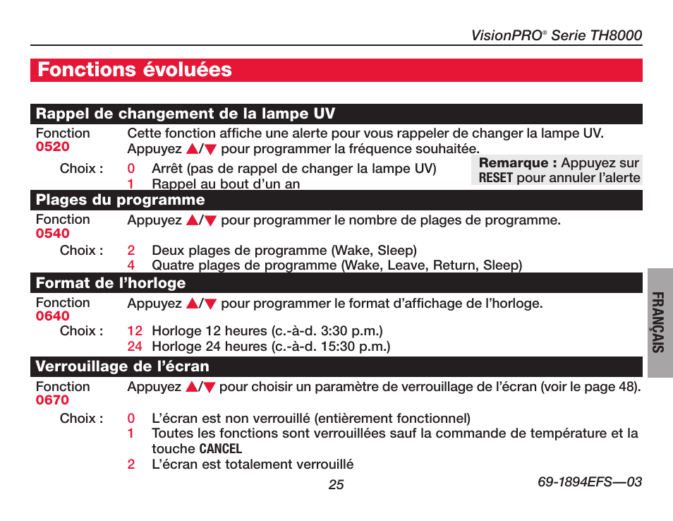 Fonctions évoluées | Honeywell VisionPRO  TH8000 Series User Manual | Page 59 / 96
