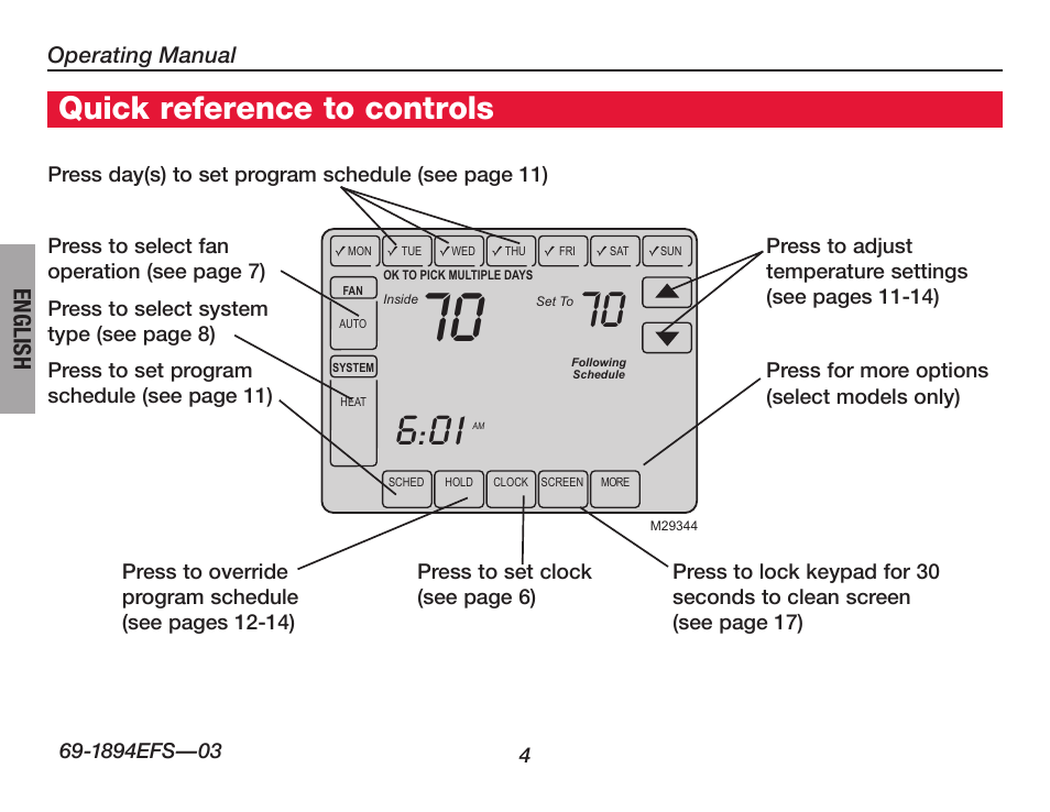 Quick reference to controls, English | Honeywell VisionPRO  TH8000 Series User Manual | Page 6 / 96