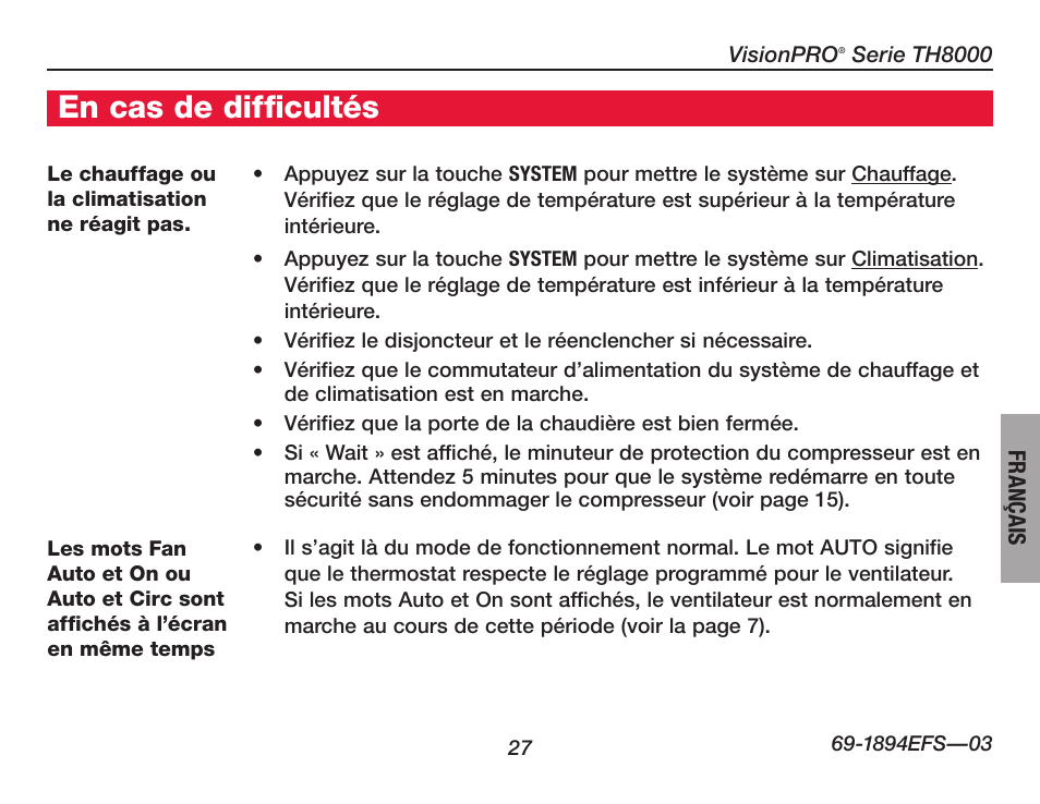 À propos du thermostat, En cas de difficultés | Honeywell VisionPRO  TH8000 Series User Manual | Page 61 / 96