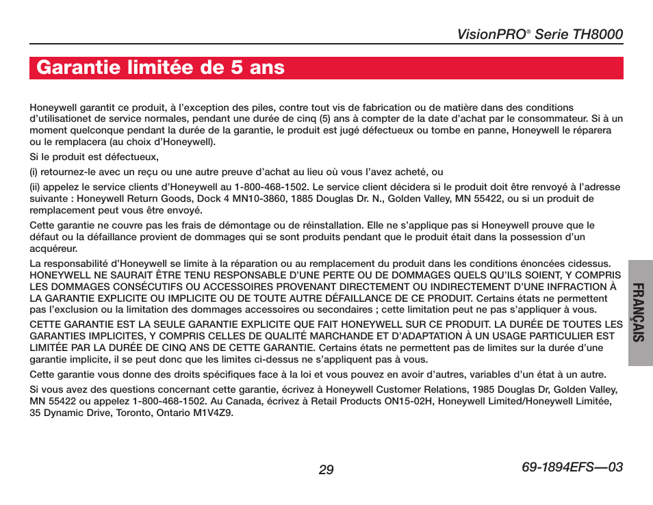 Garantie limitée de 5 ans, Français, Visionpro | Serie th8000 | Honeywell VisionPRO  TH8000 Series User Manual | Page 63 / 96