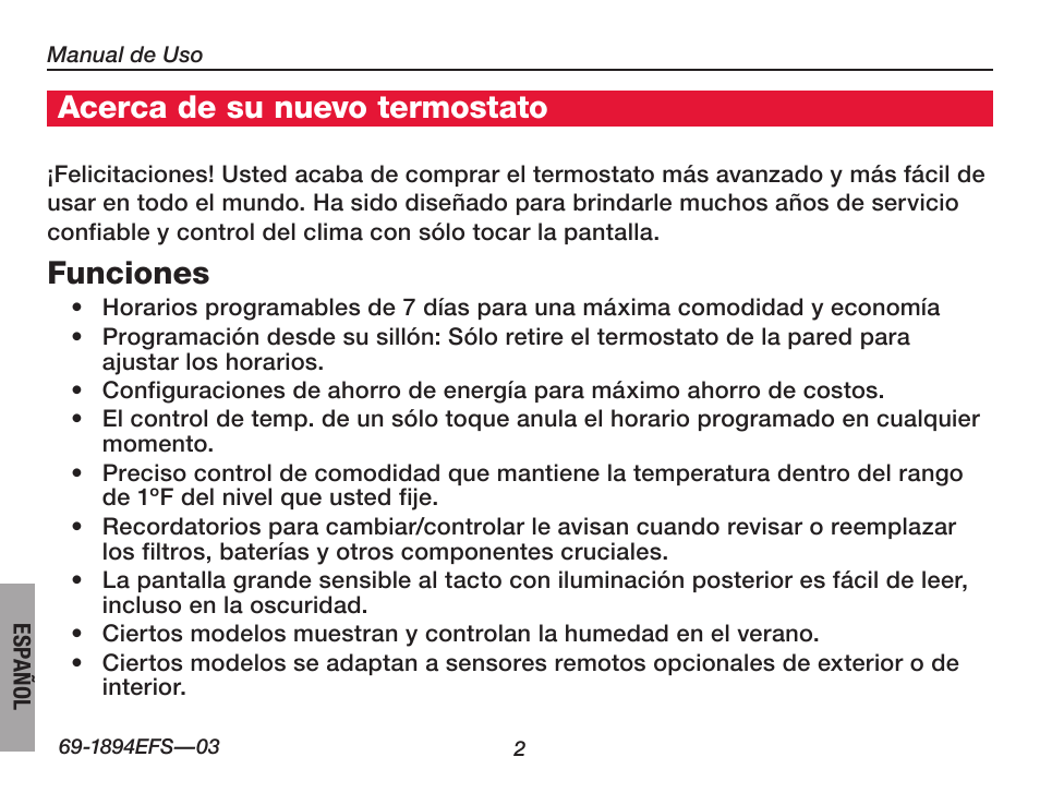 Funciones, Acerca de su nuevo termostato | Honeywell VisionPRO  TH8000 Series User Manual | Page 68 / 96
