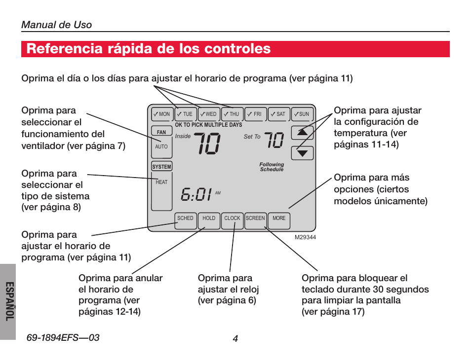 Referencia rápida de los controles, Español | Honeywell VisionPRO  TH8000 Series User Manual | Page 70 / 96