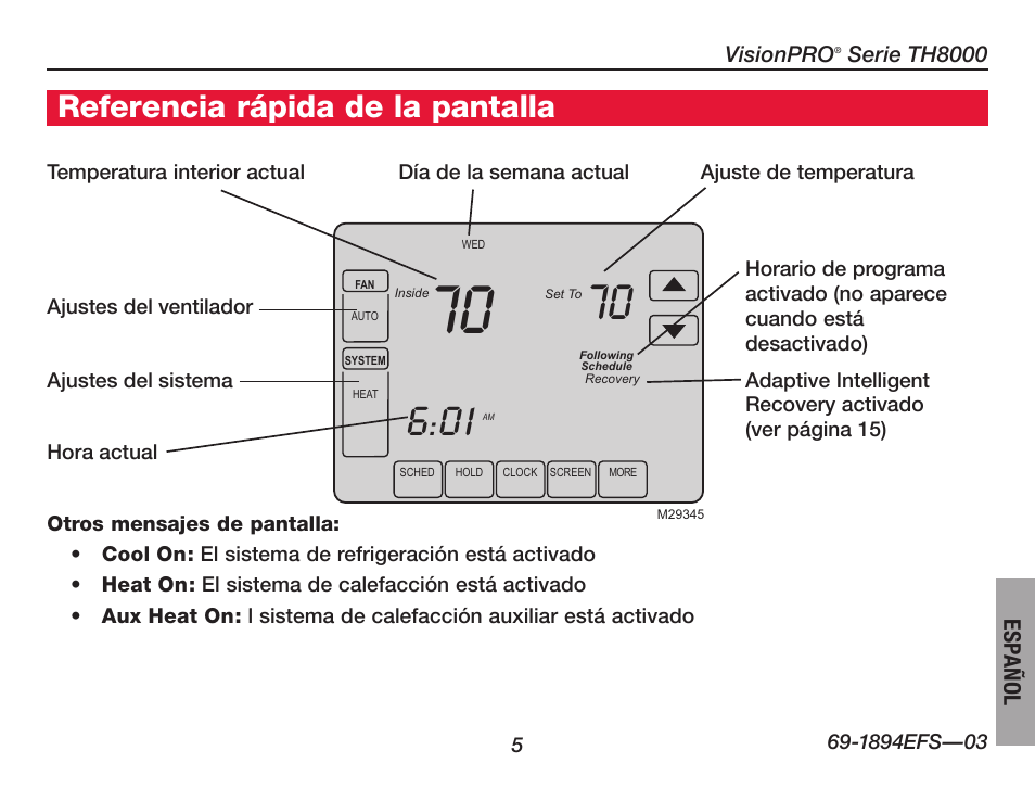 Referencia rápida de la pantalla | Honeywell VisionPRO  TH8000 Series User Manual | Page 71 / 96