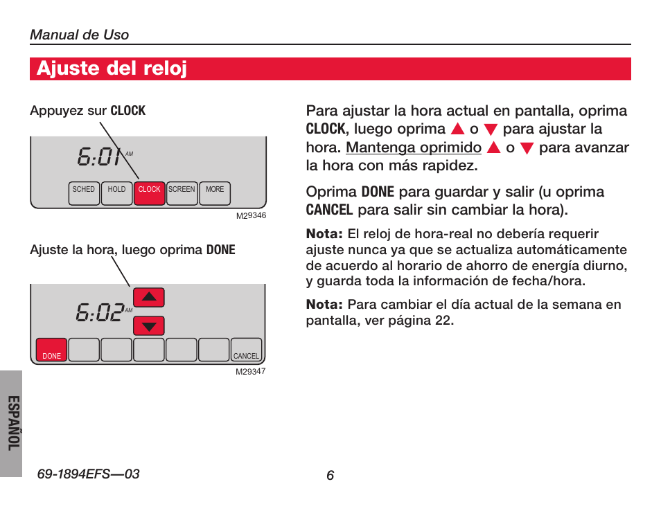Ajuste del reloj | Honeywell VisionPRO  TH8000 Series User Manual | Page 72 / 96