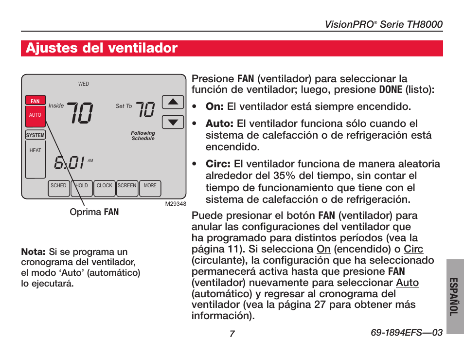 Ajustes del ventilador | Honeywell VisionPRO  TH8000 Series User Manual | Page 73 / 96