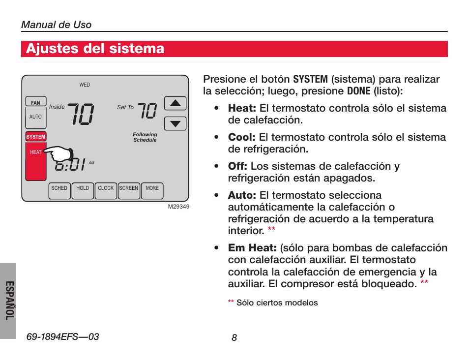 Ajustes del sistema | Honeywell VisionPRO  TH8000 Series User Manual | Page 74 / 96