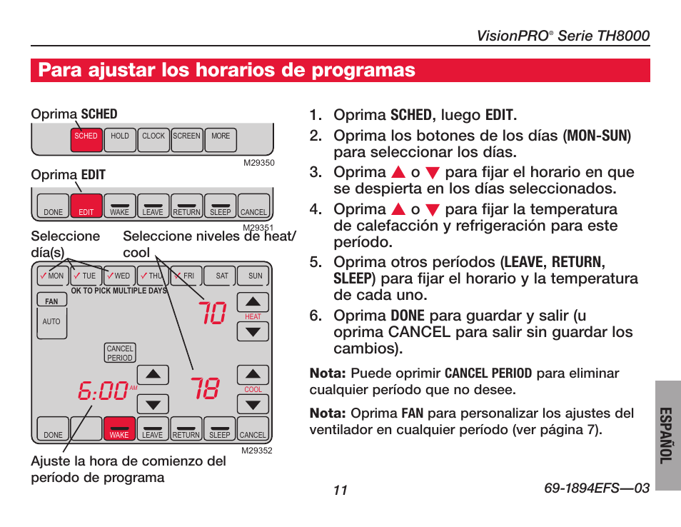 Para ajustar los horarios de programas, Español | Honeywell VisionPRO  TH8000 Series User Manual | Page 77 / 96