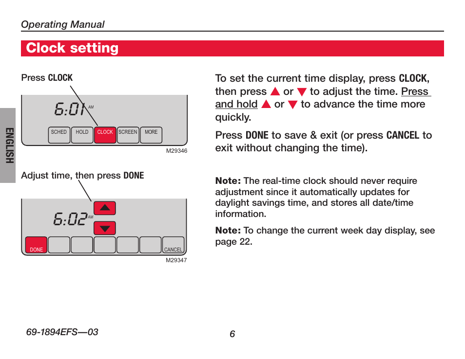 Clock setting | Honeywell VisionPRO  TH8000 Series User Manual | Page 8 / 96