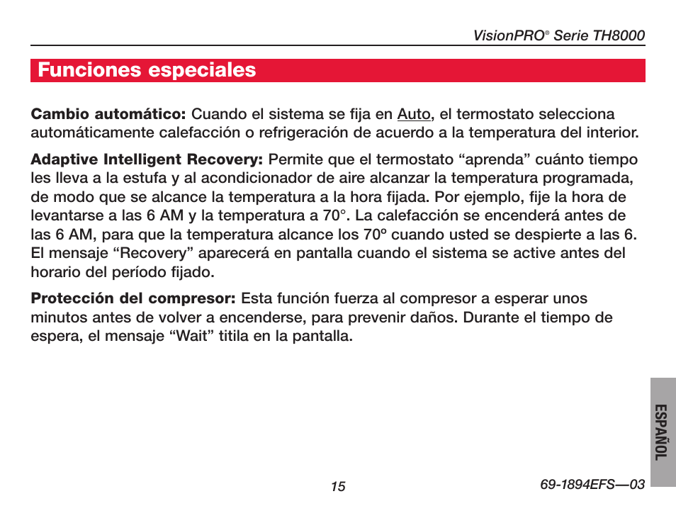 Funciones especiales | Honeywell VisionPRO  TH8000 Series User Manual | Page 81 / 96