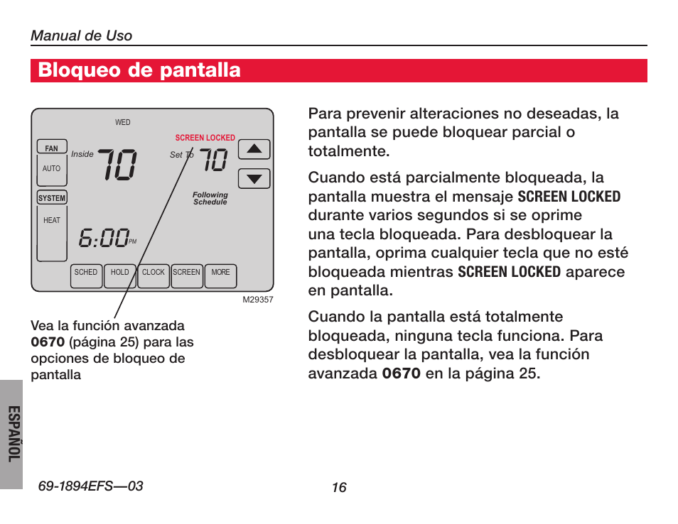 Bloqueo de pantalla | Honeywell VisionPRO  TH8000 Series User Manual | Page 82 / 96