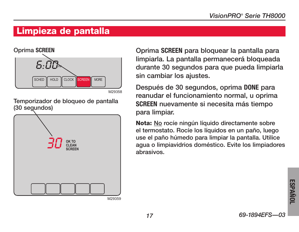 Limpieza de pantalla | Honeywell VisionPRO  TH8000 Series User Manual | Page 83 / 96