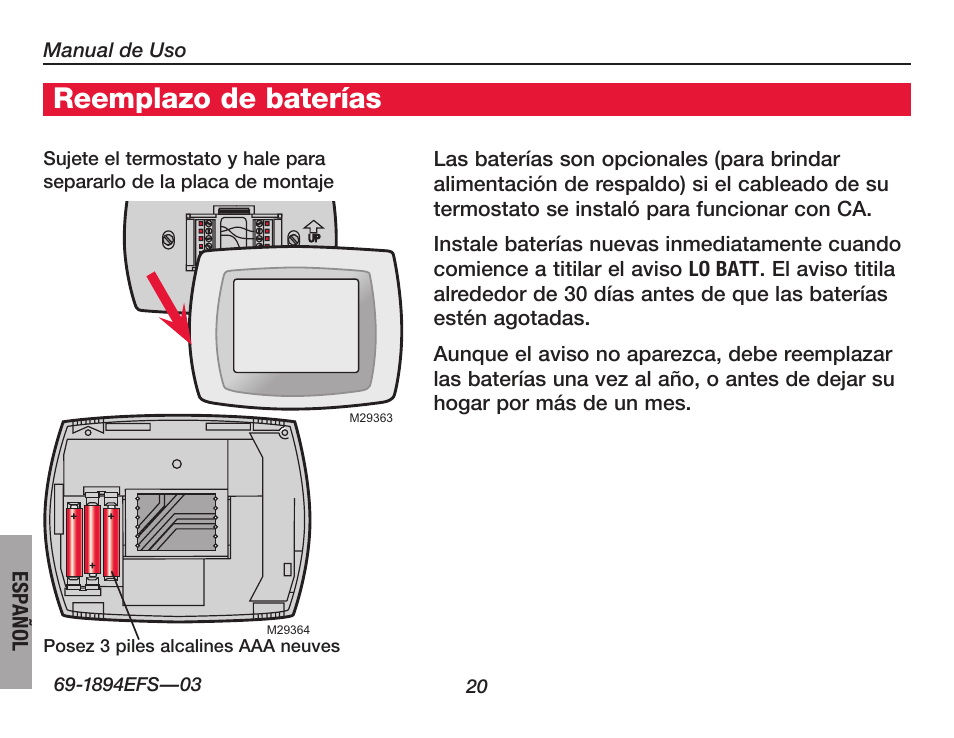 Reemplazo de baterías | Honeywell VisionPRO  TH8000 Series User Manual | Page 86 / 96