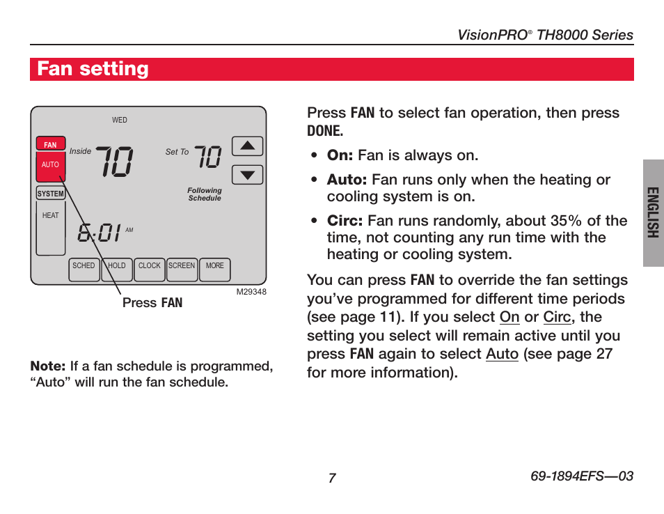 Fan setting | Honeywell VisionPRO  TH8000 Series User Manual | Page 9 / 96