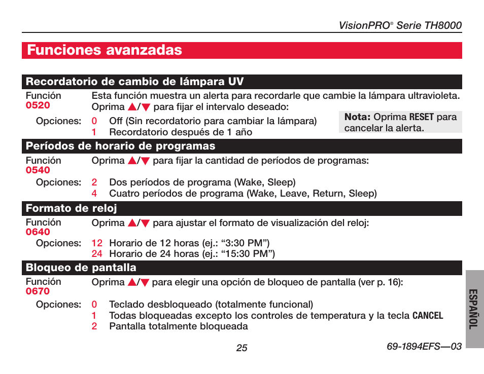 Funciones avanzadas | Honeywell VisionPRO  TH8000 Series User Manual | Page 91 / 96