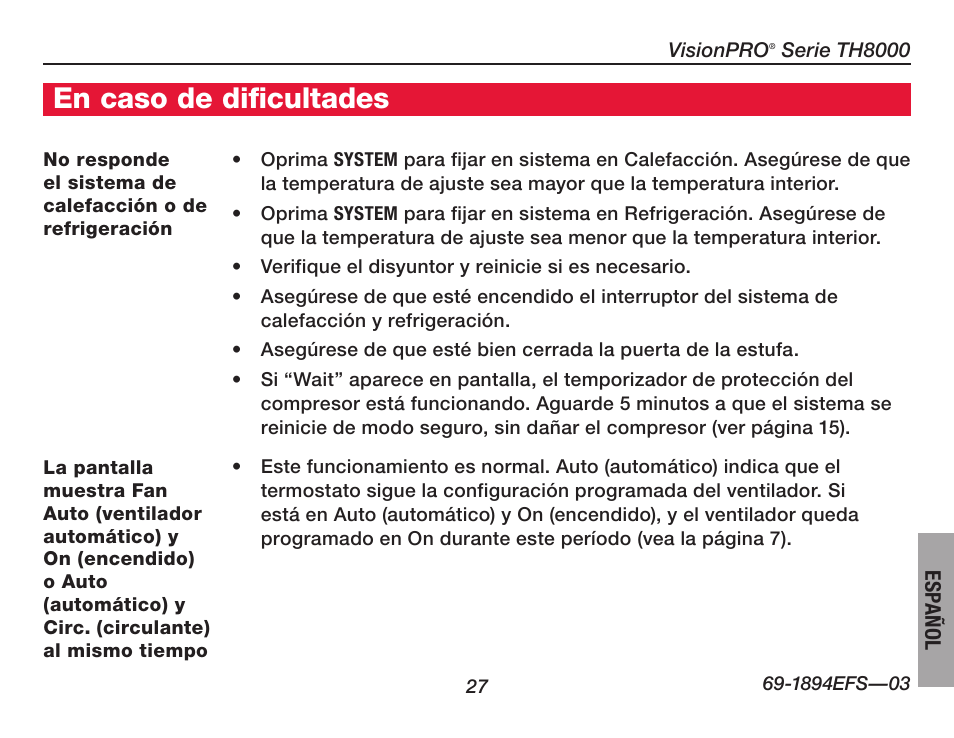 En caso de dificultades | Honeywell VisionPRO  TH8000 Series User Manual | Page 93 / 96