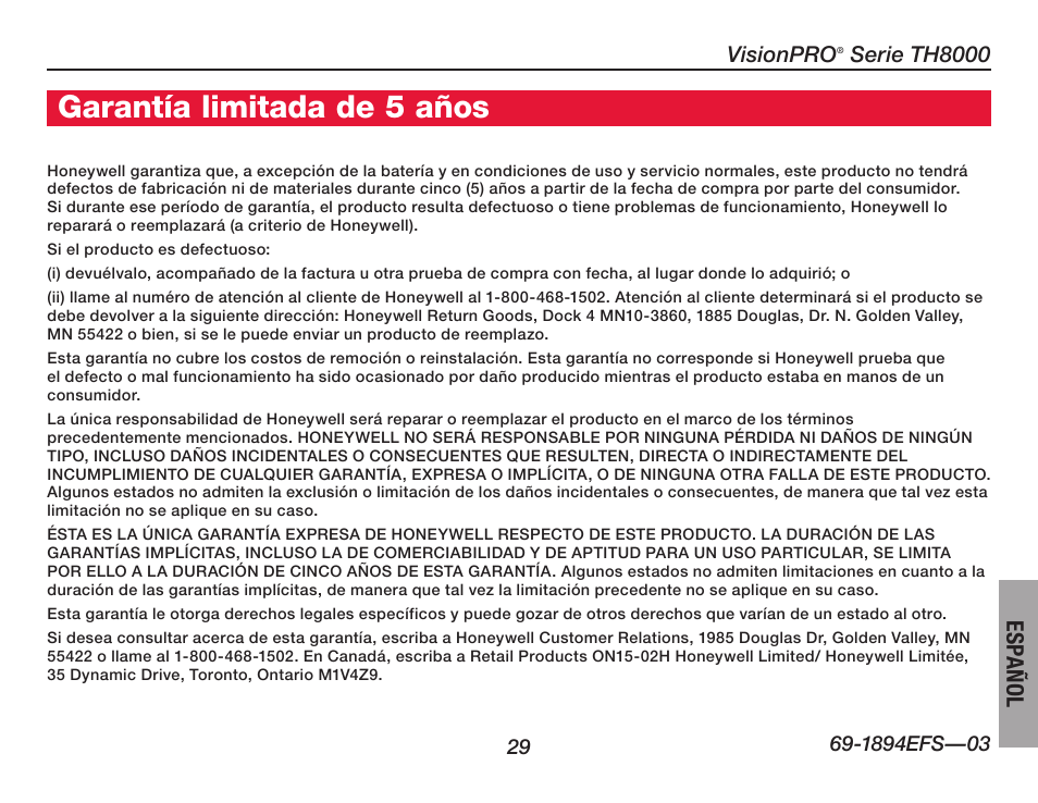 Garantía limitada de 5 años, Español, Visionpro | Serie th8000 | Honeywell VisionPRO  TH8000 Series User Manual | Page 95 / 96