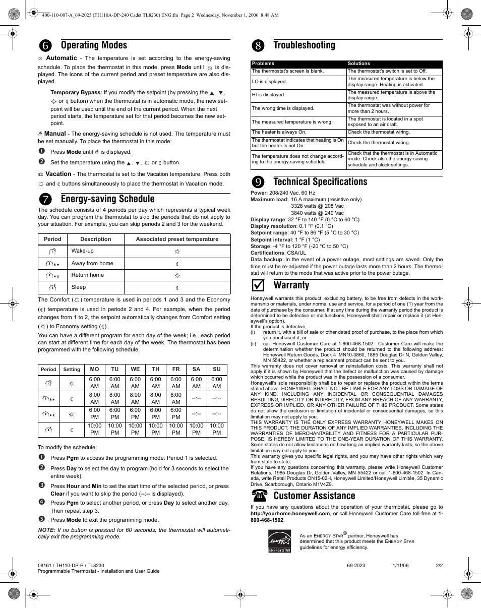 Operating modes, Energy-saving schedule, Troubleshooting | Technical specifications, Warranty, Customer assistance | Honeywell 8161 User Manual | Page 2 / 2