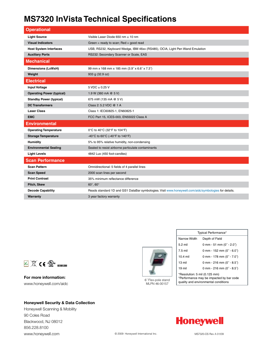 Ms7320 invista technical specifications, Operational, Mechanical | Electrical, Environmental, Scan performance | Honeywell MS7320 InVista User Manual | Page 2 / 2