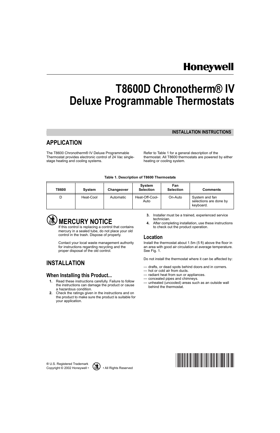 Honeywell Chronotherm IV T8600D User Manual | 12 pages