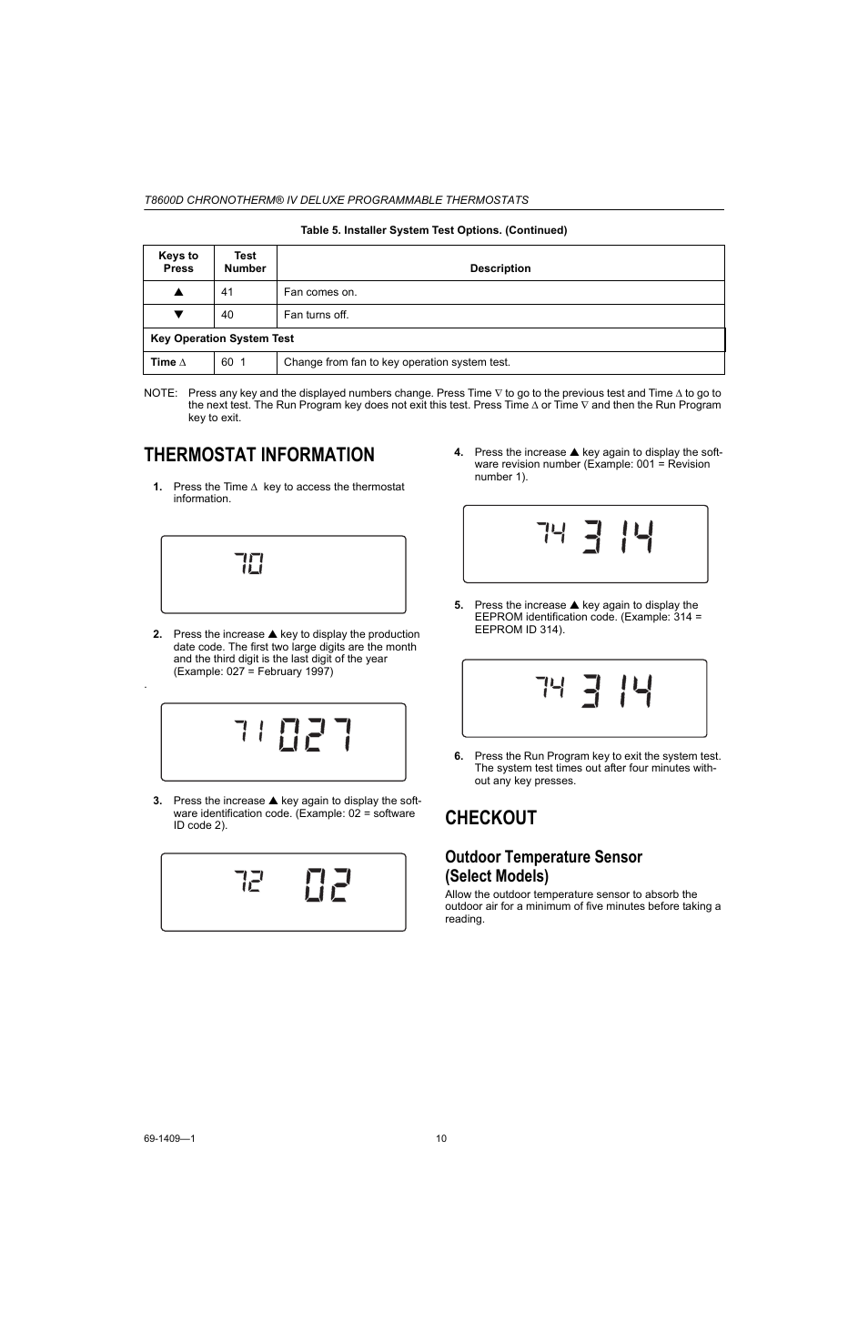 Thermostat information, Checkout, Outdoor temperature sensor (select models) | Honeywell Chronotherm IV T8600D User Manual | Page 10 / 12