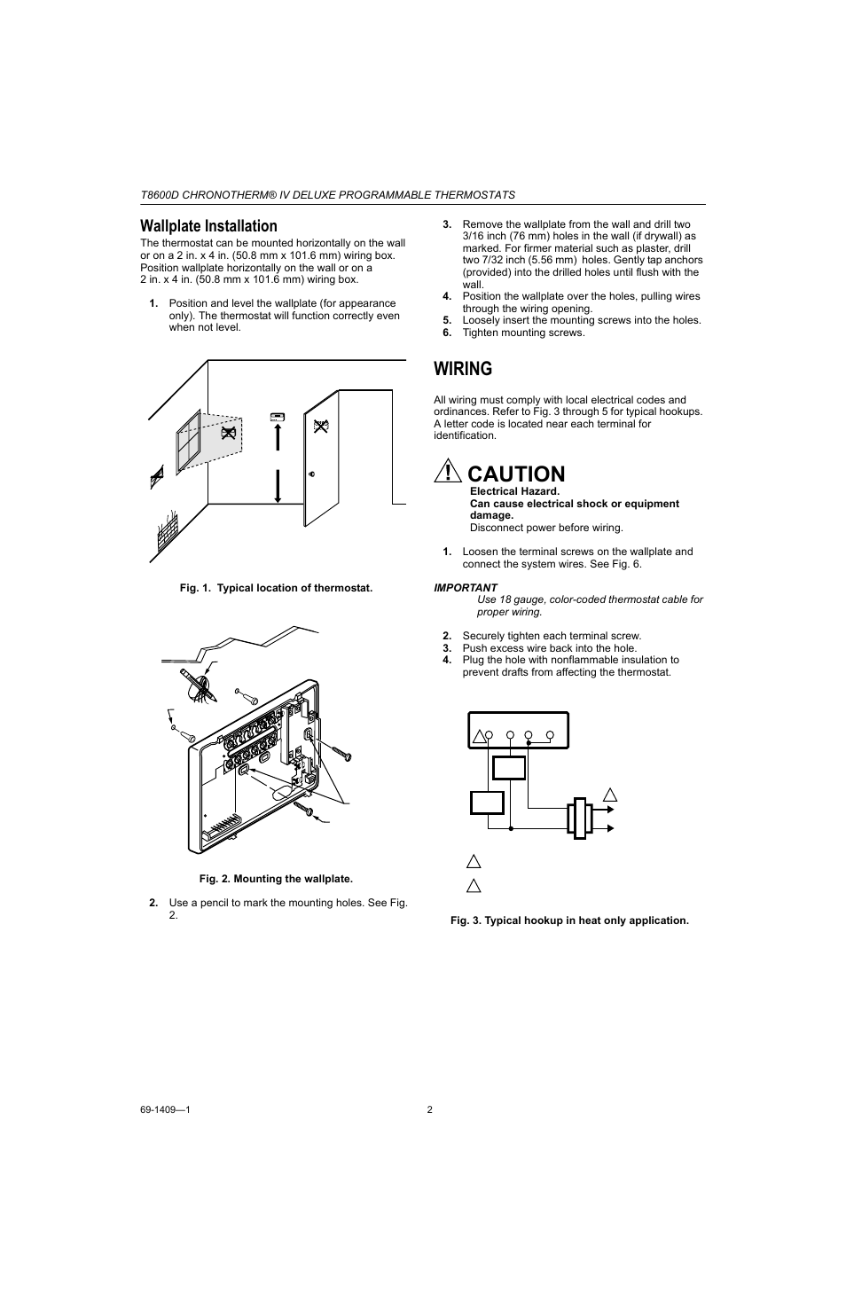 Wallplate installation, Wiring, Caution | Honeywell Chronotherm IV T8600D User Manual | Page 2 / 12