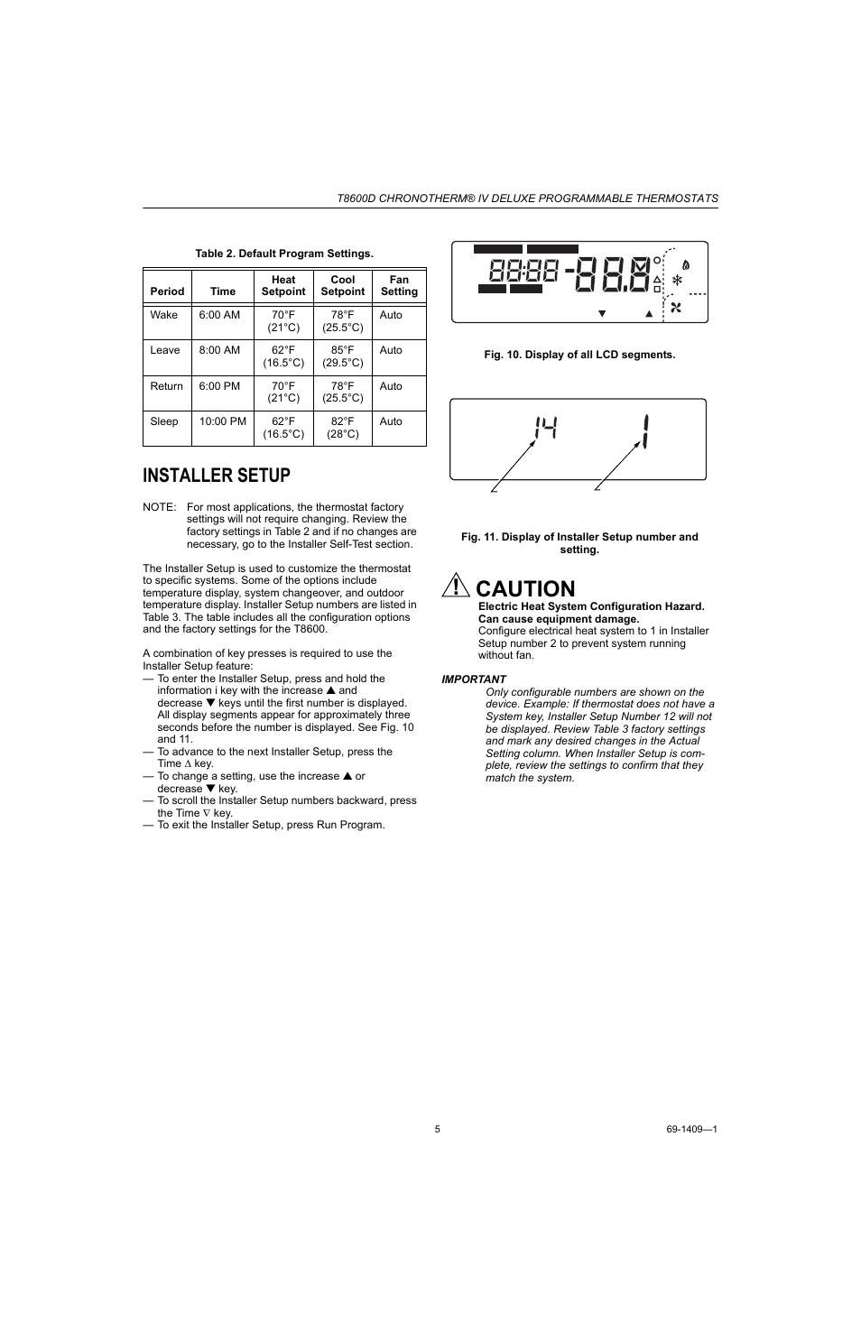 Installer setup, Caution | Honeywell Chronotherm IV T8600D User Manual | Page 5 / 12