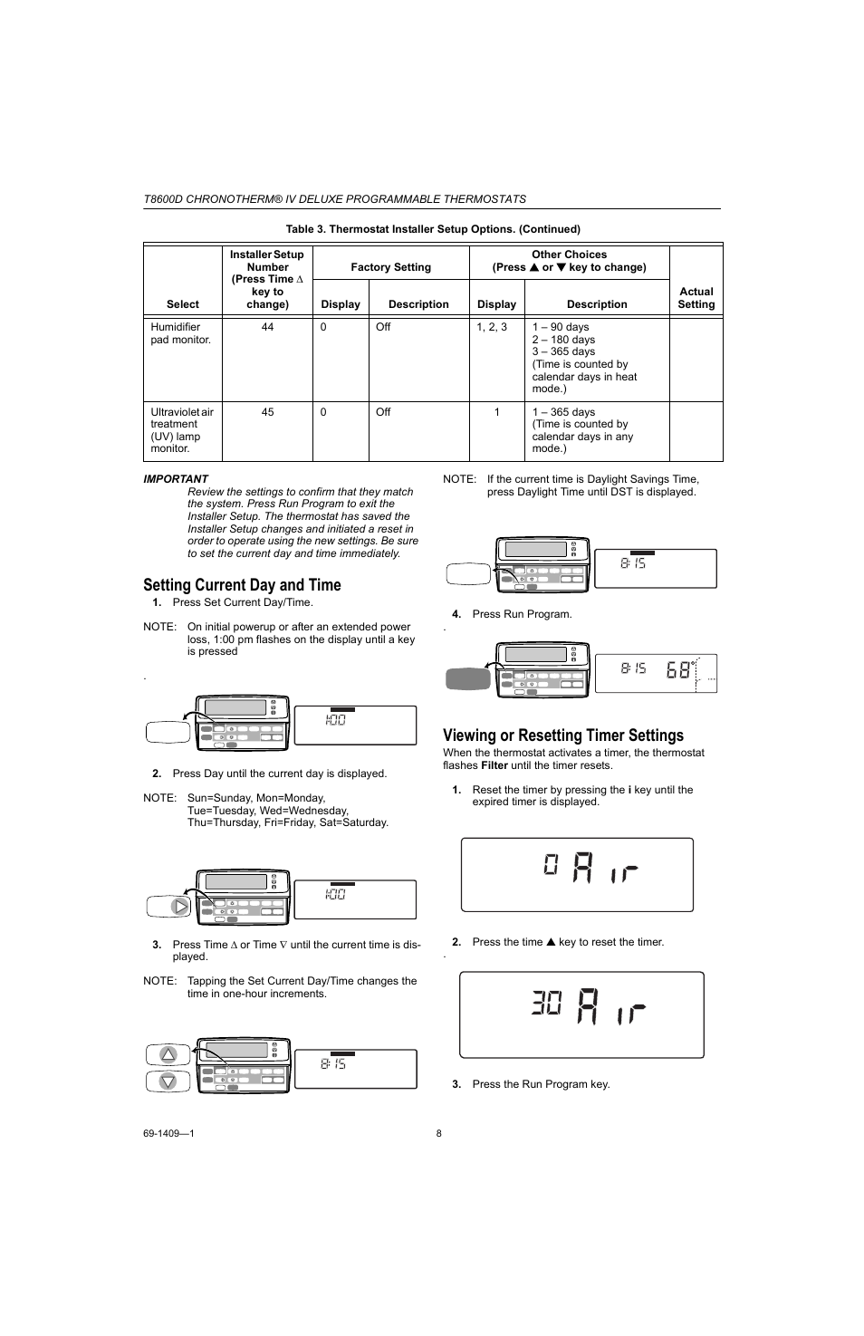 Setting current day and time, Viewing or resetting timer settings | Honeywell Chronotherm IV T8600D User Manual | Page 8 / 12