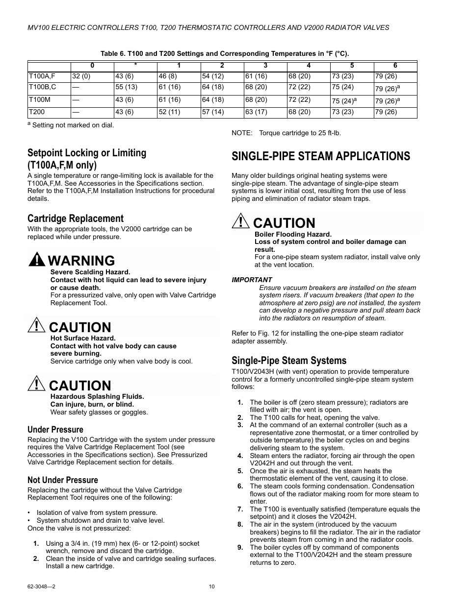 Setpoint locking or limiting (t100a,f,m only), Cartridge replacement, Single-pipe steam applications | Single-pipe steam systems, Warning, Caution | Honeywell T200 User Manual | Page 10 / 16