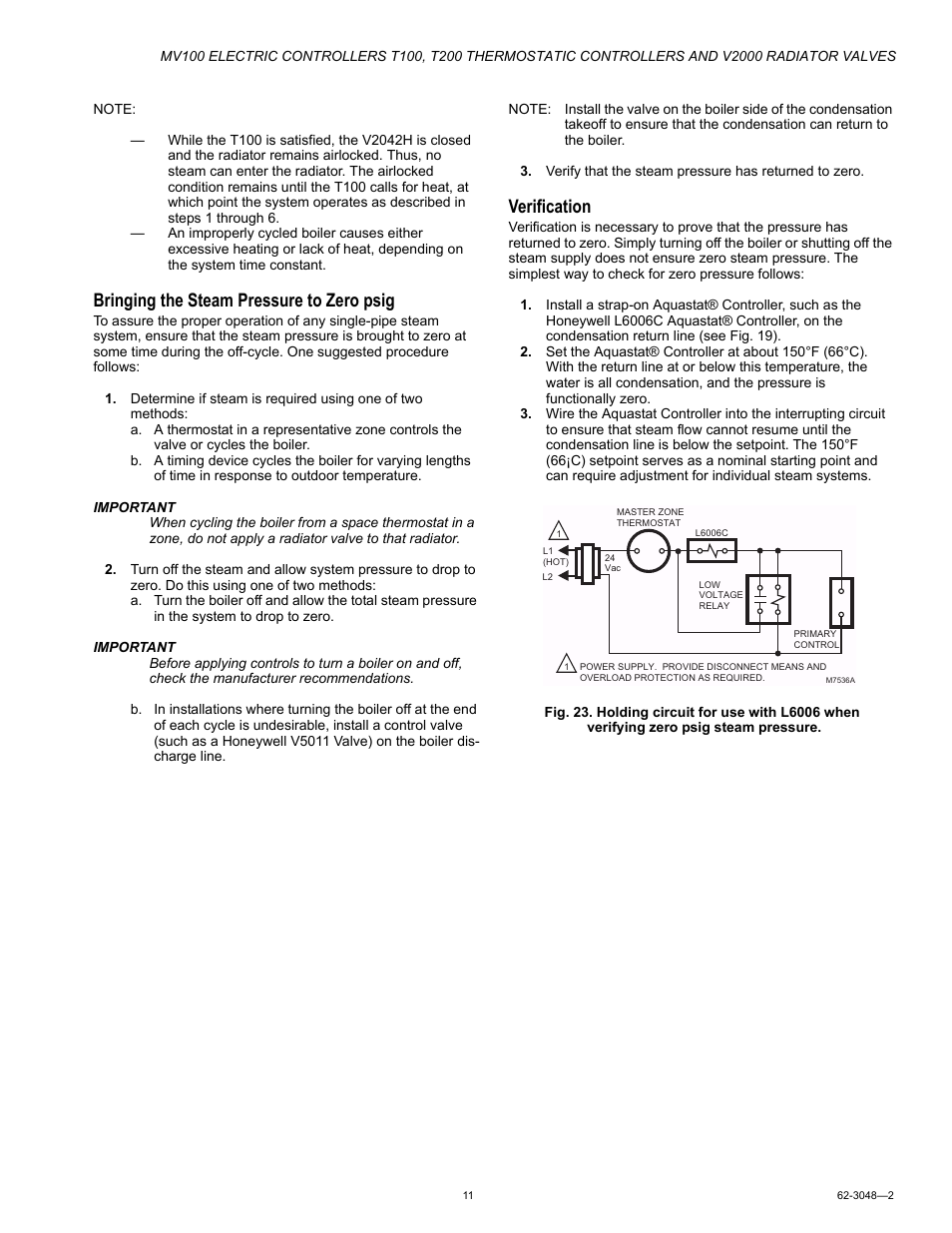 Bringing the steam pressure to zero psig, Verification | Honeywell T200 User Manual | Page 11 / 16