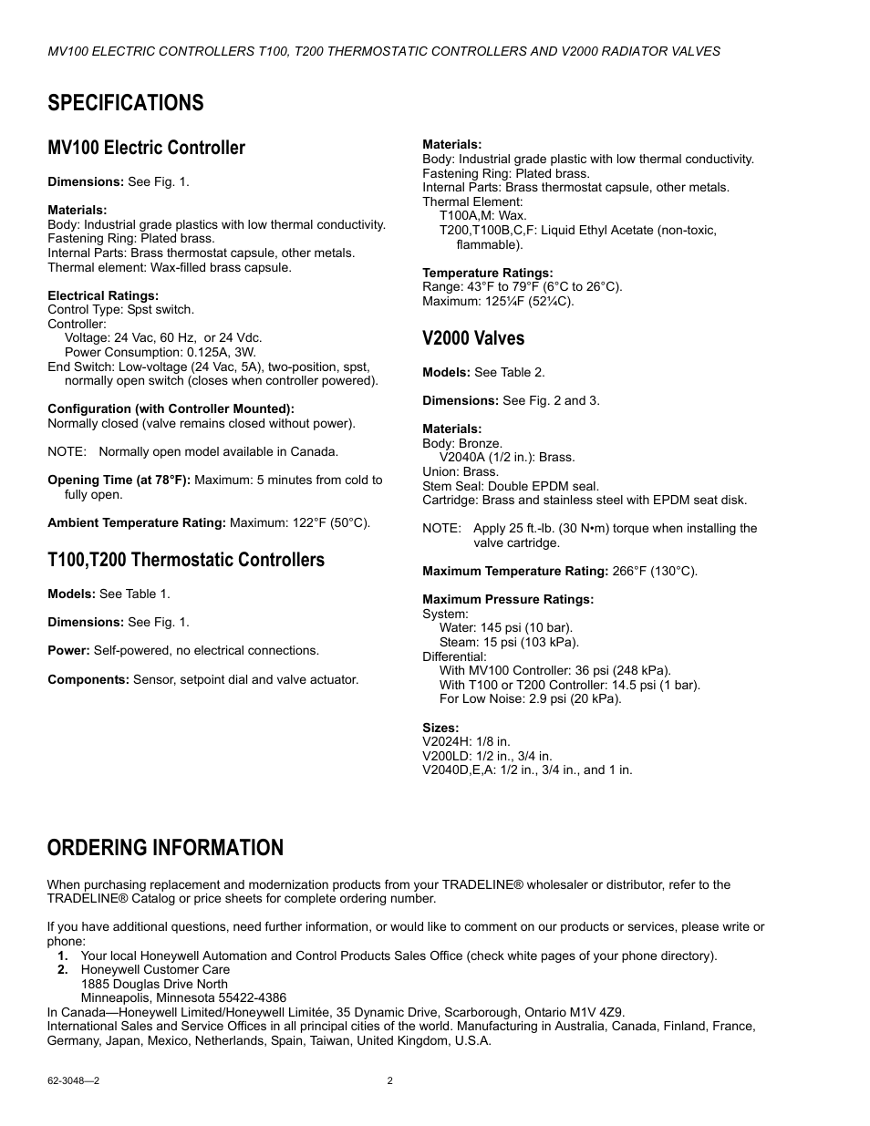 Specifications, Mv100 electric controller, T100,t200 thermostatic controllers | V2000 valves, Ordering information | Honeywell T200 User Manual | Page 2 / 16