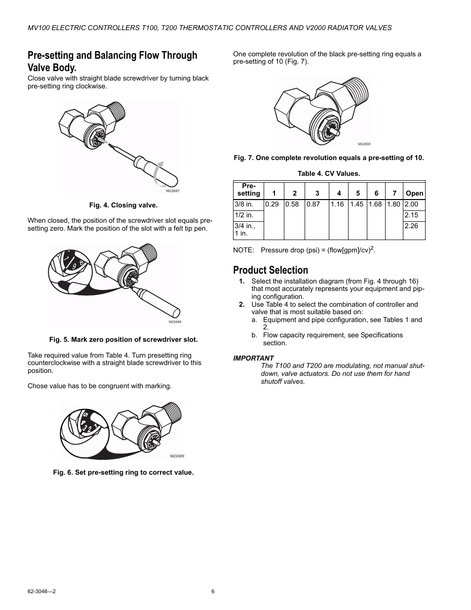 Pre-setting and balancing flow through valve body, Product selection | Honeywell T200 User Manual | Page 6 / 16