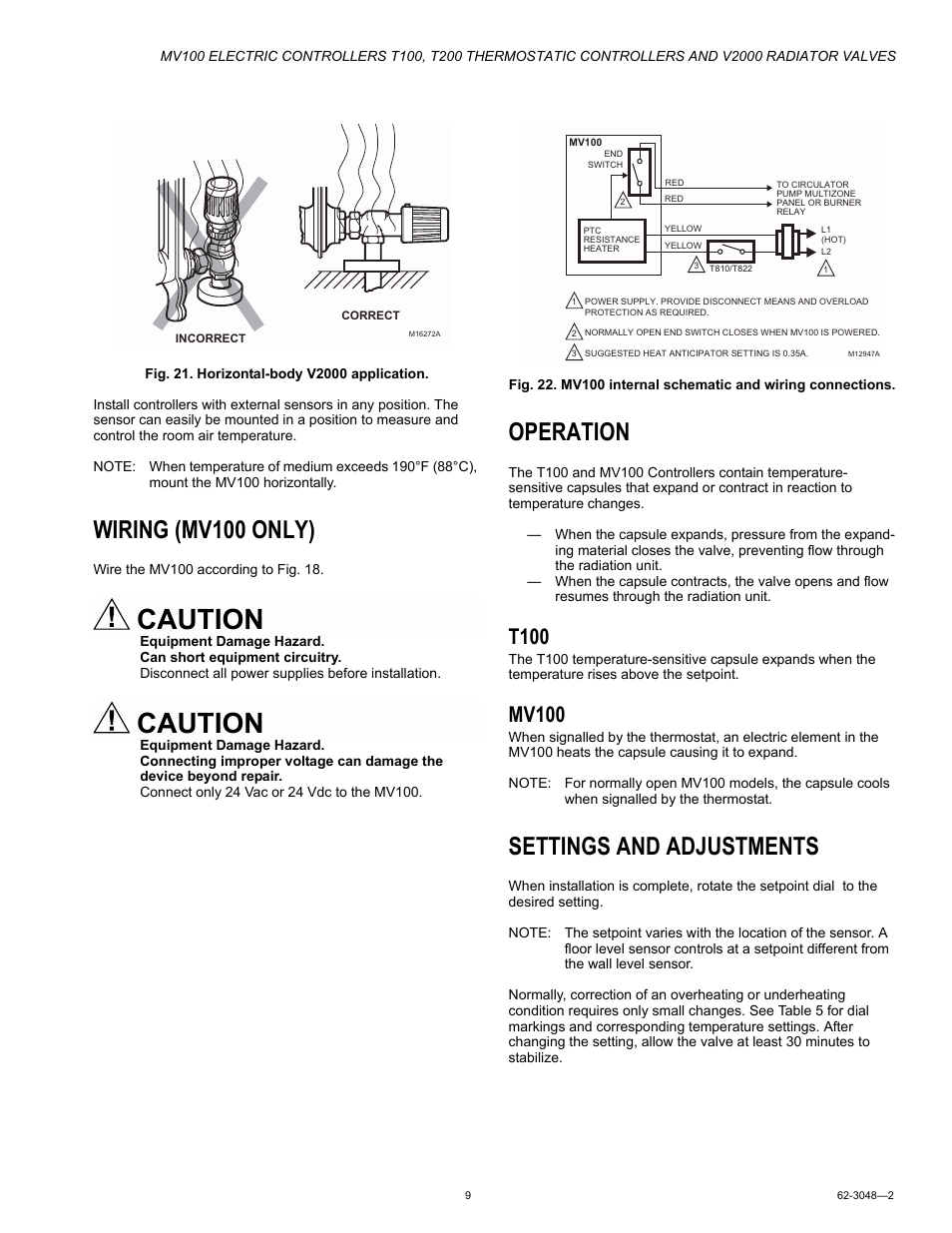 Wiring (mv100 only), Operation, T100 | Mv100, Settings and adjustments, Caution | Honeywell T200 User Manual | Page 9 / 16