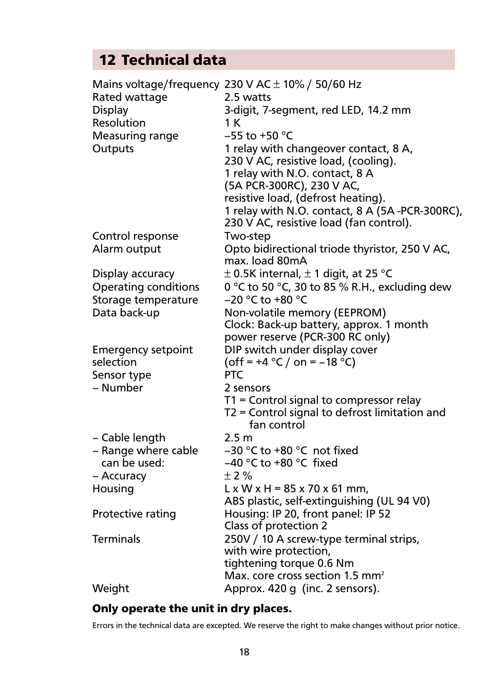 12 technical data | Honeywell ELECTRONIC REFRIGERATION CONTROL PCR-300 User Manual | Page 18 / 20