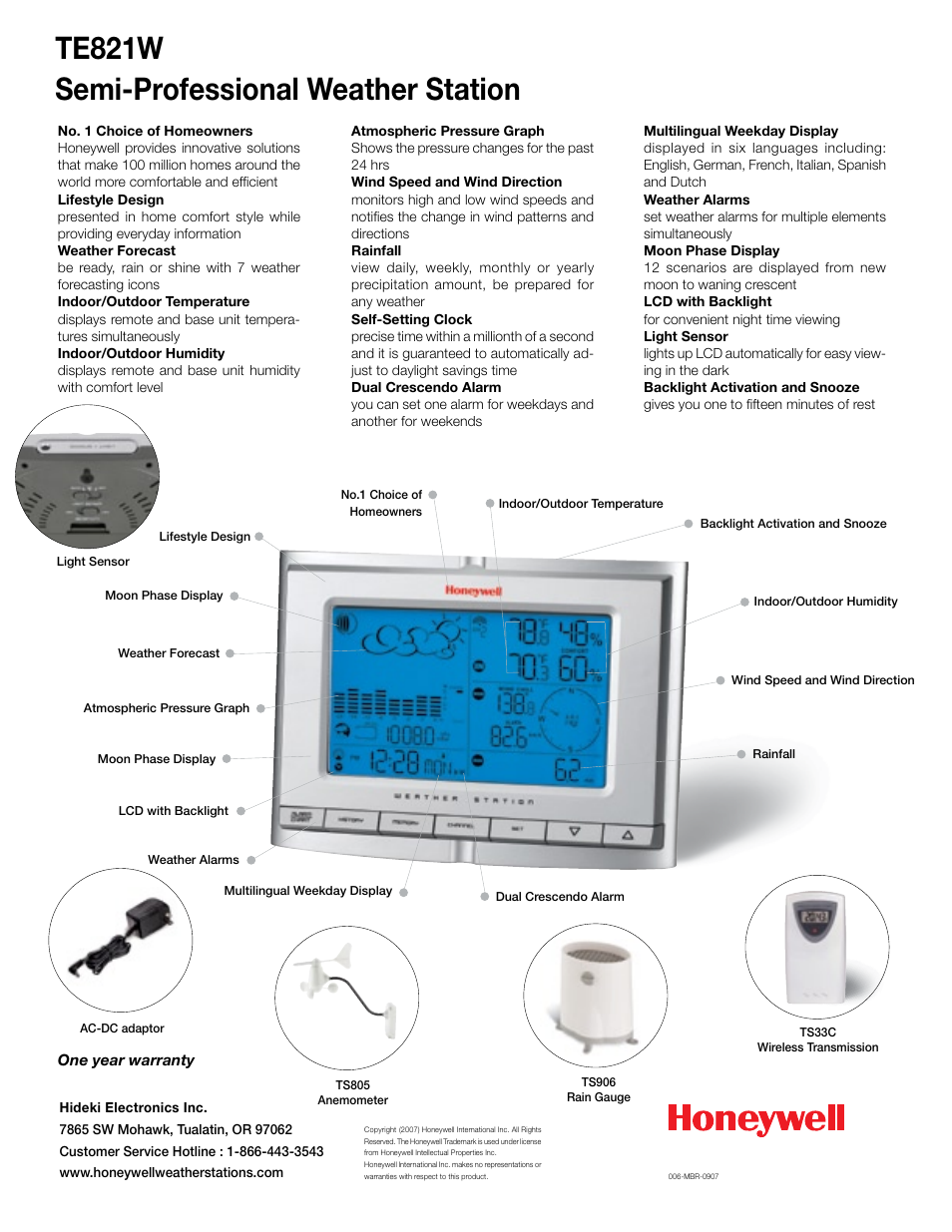 Te821w semi-professional weather station | Honeywell TS805 User Manual | Page 2 / 2