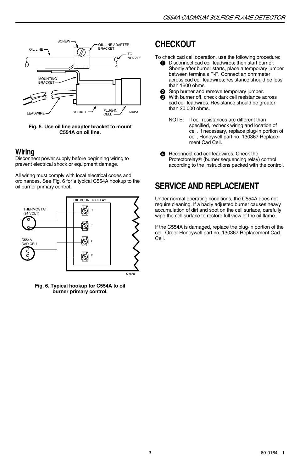 Checkout, Service and replacement, Wiring | C554a cadmium sulfide flame detector | Honeywell TRADELINE C554A User Manual | Page 3 / 4