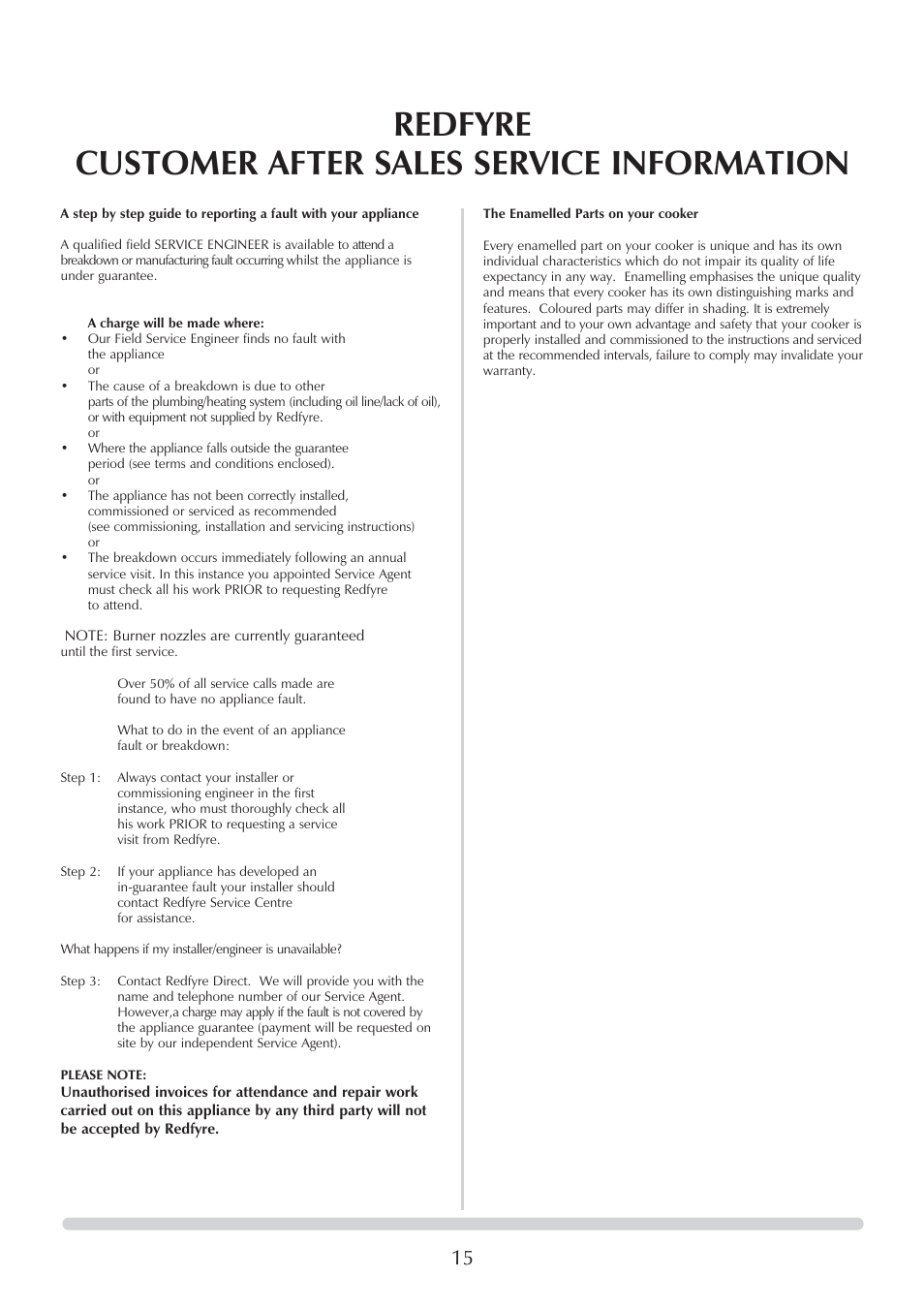 Redfyre customer after sales service information | Honeywell Central Heating Cooker Natural Gas User Manual | Page 15 / 44