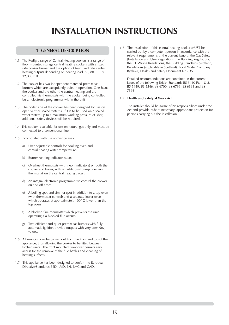 Installation instructions, General description | Honeywell Central Heating Cooker Natural Gas User Manual | Page 19 / 44
