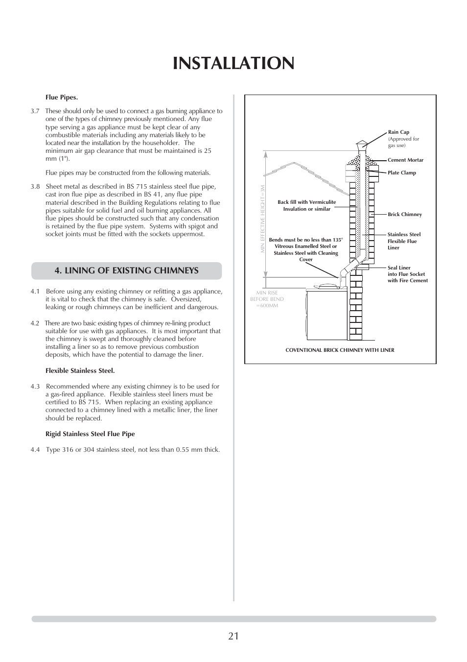 Installation, Lining of existing chimneys | Honeywell Central Heating Cooker Natural Gas User Manual | Page 21 / 44