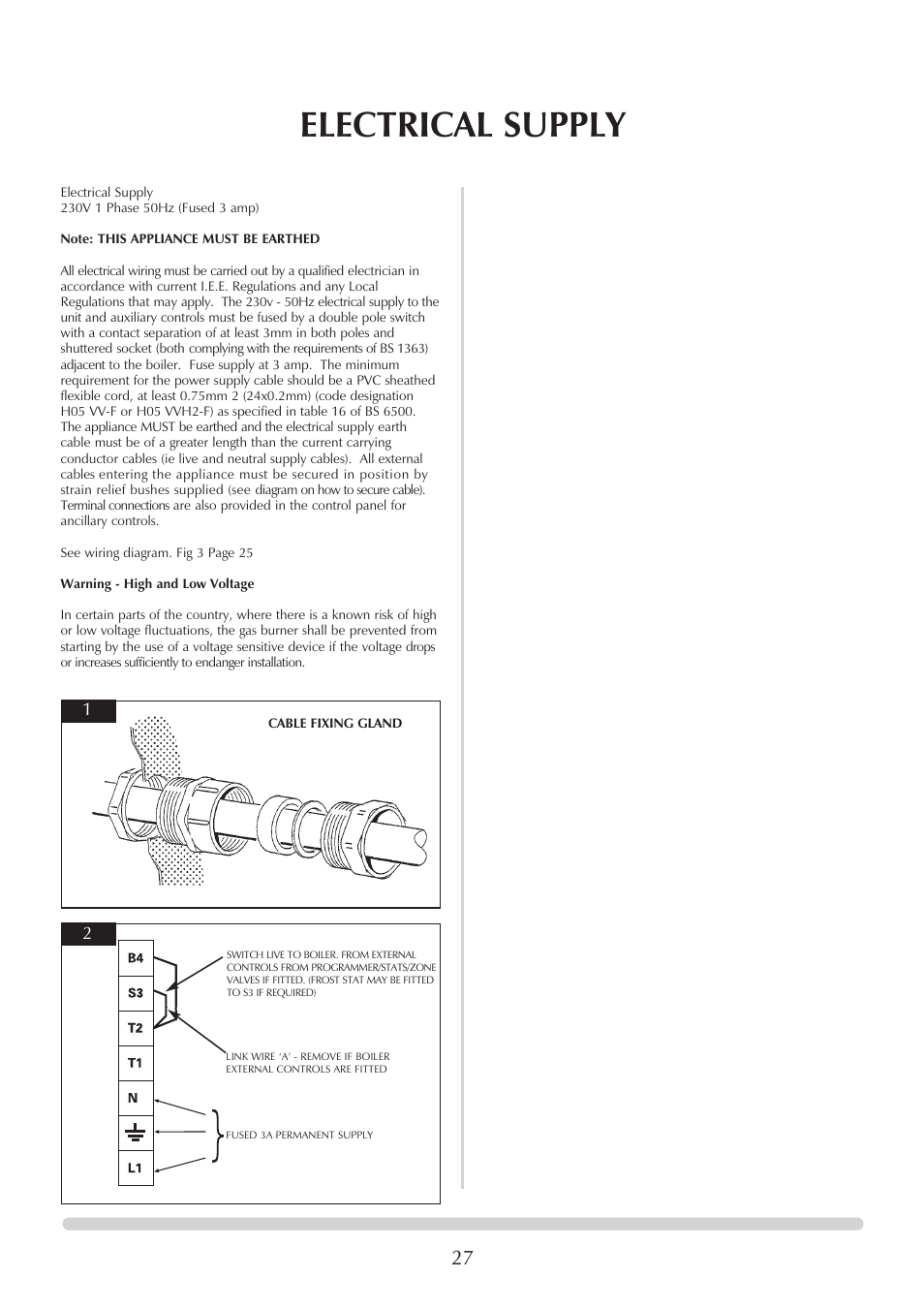 Electrical supply | Honeywell Central Heating Cooker Natural Gas User Manual | Page 27 / 44
